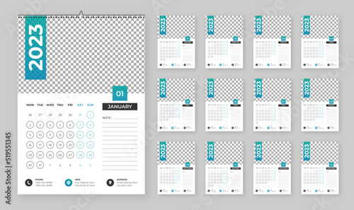 Calendar 2023, week start Monday corporate design planner template.