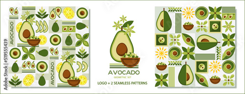 Set of seamless patterns and logo with avocado in simple geometric style. Abstract shapes. Good for branding, decoration of food package, cover design, decorative home kitchen prints, background.