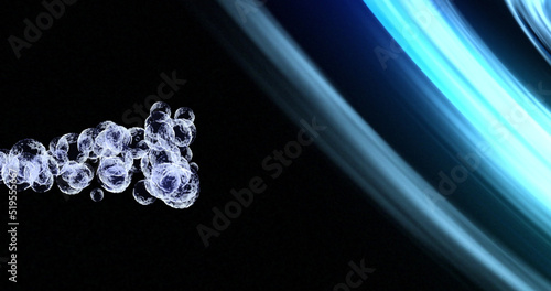 Image of transparent bubbles over blue light moving on black background