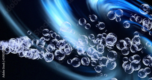 Image of transparent bubbles over blue light moving on black background