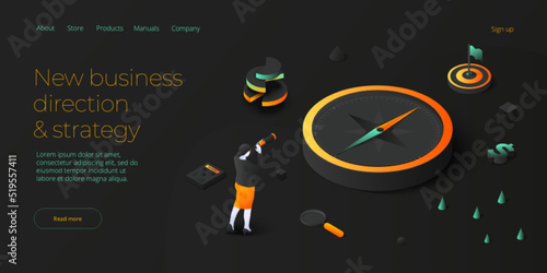 Strategic planning vector illustration in isometric design. Business strategy analysis and vision concept with queen chess piece and woman with spyglass. Web banner layout.