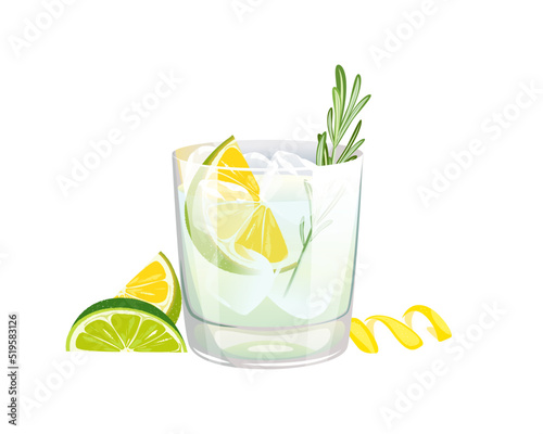 Classic alcoholic cocktail gin and tonic.Refreshing drink with lime and ice.Vector illustration isolated on a white background.