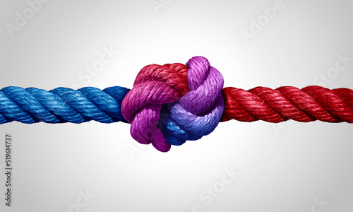 Agreement and cooperation as a bipartisan or bipartisanship trust concept and connected symbol as two different ropes combining and tied together