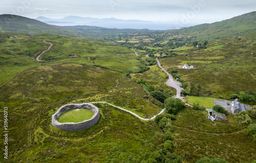 Drone aerial view of ruined Staigue stone fort Iveragh peninsula in County Kerry, Ireland