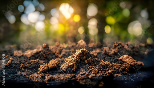 The soil of the earth, garden and vegetable garden. Blurred background, sunny day. 3D illustration.