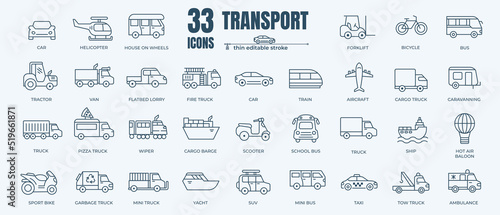 Transport icon set with editable stroke and white background. Thin line style of bus, car, truck and train stock vector.
