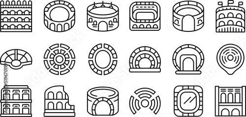 Amphitheater icons set outline vector. Arena italy. Architecture building