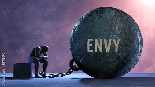 Envy that limits life and make suffer, imprisoning in painful condition. It is a burden that keeps a person enslaved in misery.,3d illustration
