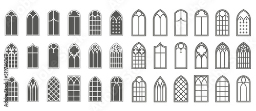 Church windows set. Silhouettes of gothic arches in line and glyph classic style. Old cathedral glass frames. Medieval interior elements. Vector