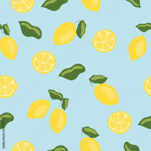 Vector pattern with Sicilian lemons on a light blue background. High quality vector image.