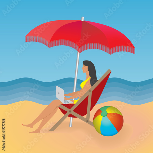 Woman working och communicte at the beach. Vector illustration. Square composition.