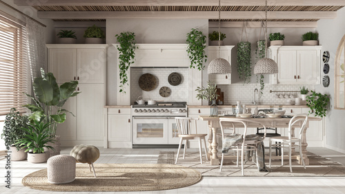 Wooden country kitchen in white and bleached tones.Dining table, carpet and appliances. Scandinavian boho interior design