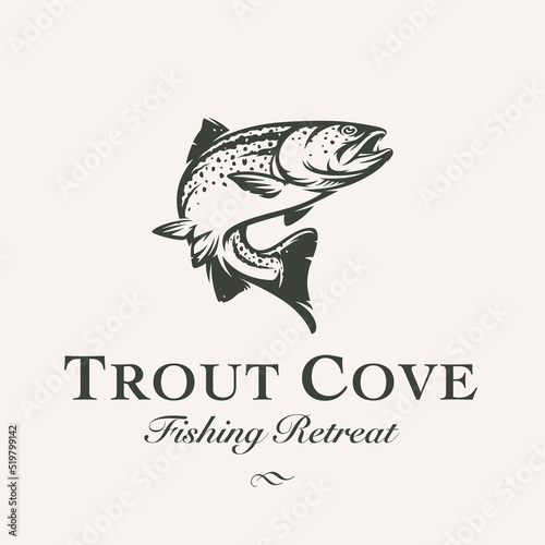 Fly fishing logo. Rainbow trout jumping icon. Freshwater Salmon catch emblem. Fish jump sign. Vector illustration.