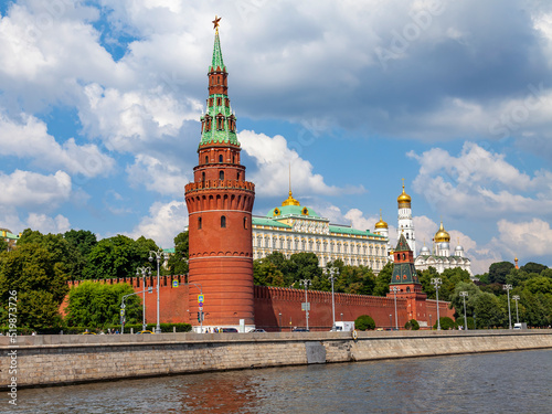 Moscow, Russia, July 25, 2022. Panorama of the Moscow Kremlin and river embankment 