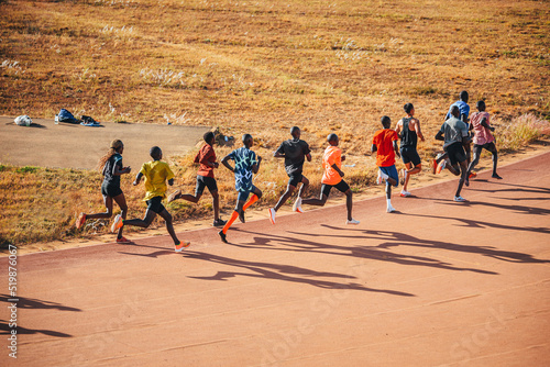 Kenyan marathon runners train at the athletics track in the town of Eldoret near Iten, the center of world endurance running. Preparation in Kenya for a running race