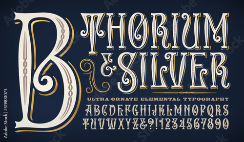 Thorium and Silver is a very ornate vintage style alphabet with inline designs and a metallic gold shadow line. Old world Victorian influence gives this a vibe of class and elegance.
