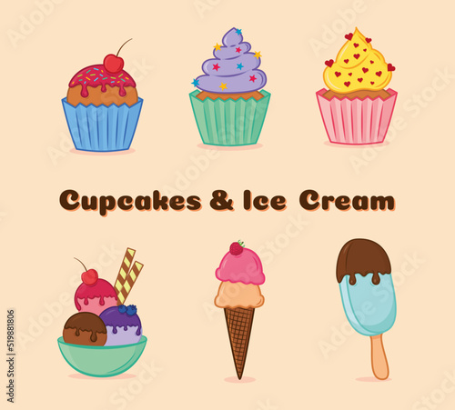 Cupcakes and ice-cream colorful cartoon vector set.