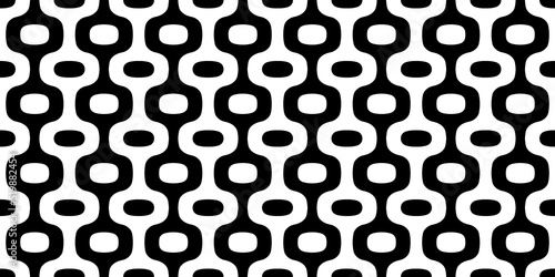 Seamless mid century modern rounded ogee geometric background pattern. Tileable black and white vintage wallpaper bead curtain motif texture. Monochrome greyscale retro wave backdrop..