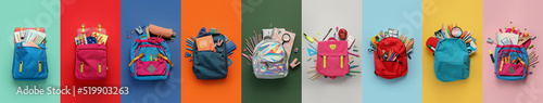 Set of school backpacks with stationery on color background