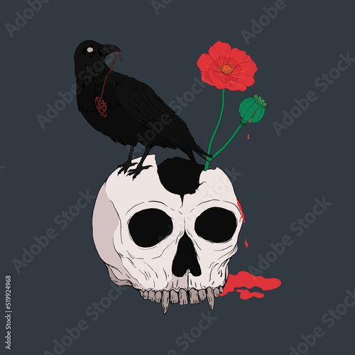 Zombie Raven on Skull of Dead Vampire Skeleton Poppy Flower