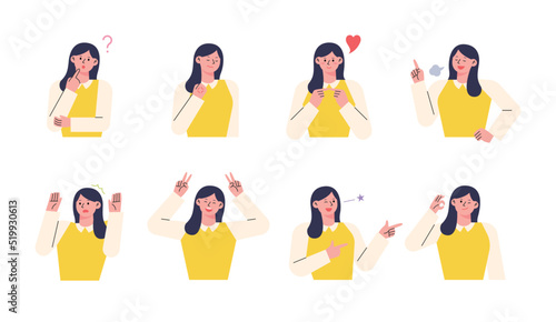 A cute woman in a yellow shirt is making various gestures and expressing emotions. flat design style vector illustration.