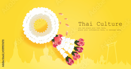 Thai jasmine garland for mother’s day or Songkran festival or religion Buddhism observation day vector on yellow background