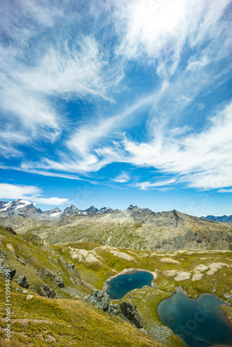 Excursion on the Gran Paradiso in the Alps. Walk in immense valleys and very high peaks above 3000m. Glacial lakes with crystal clear water and green meadows. The peaks crowned by huge rocks.