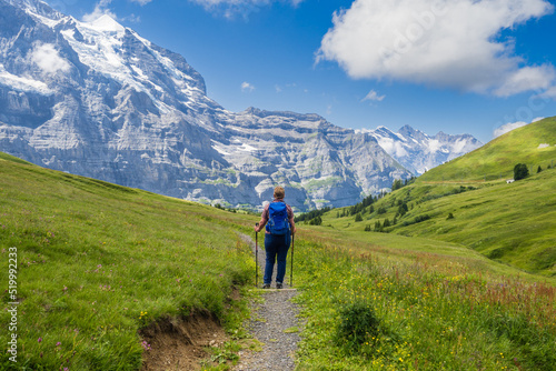 Hiking on the Eiger trail between Grindlewald and Wengen in the Swiss Alps