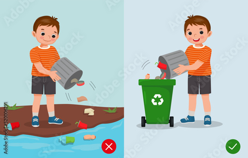 do not littering illustration boy right and wrong behavior throwing trash in rubbish bin and on the river