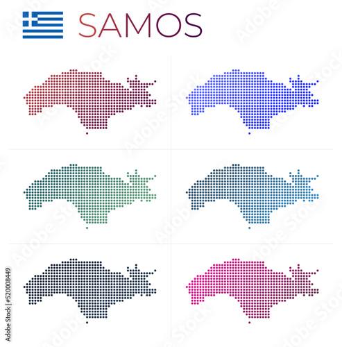 Samos dotted map set. Map of Samos in dotted style. Borders of the island filled with beautiful smooth gradient circles. Trendy vector illustration.