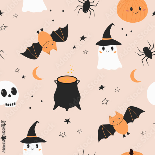 Baby seamless pattern Happy Halloween. Cute kids background. Cartoon pumpkin, ghost, bat, skull and spider. Scandinavian style. Design for celebration, fabric, packaging.