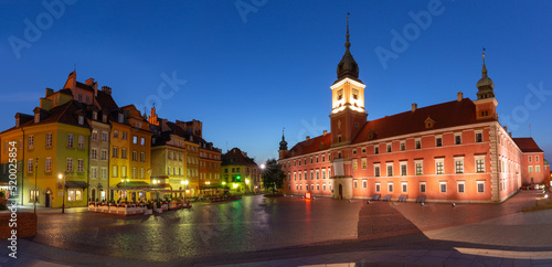 Warsaw. Castle Square in the night illumination at dawn.