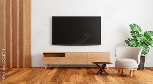 TV above wooden cabinet in modern empty room with plants carpet on wooden background. Japanese style theme. Architecture and interior concept. 3D illustration rendering