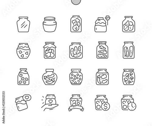 Pickled products. Homemade canned vegetables. Glass jar with tomato, mushroom, peas, pepper and pickle. Pixel Perfect Vector Thin Line Icons. Simple Minimal Pictogram
