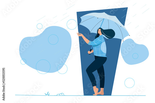 Woman in the rain holding umbrella flat monsoon season illustration .