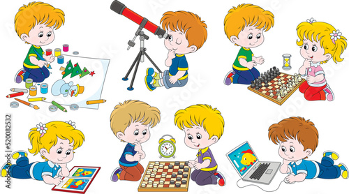 Cartoon set of little kids playing a computer game, chess, draughts, a telescope, drawing and reading