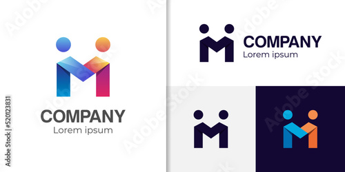 initial letter M modern logo design, connecting partnership people gradient logo illustration