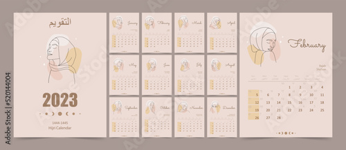 Hijri islamic and gregorian calendar 2023. From 1444 to 1445 vector template with abstract arabic women faces in one line style. Week starting on sunday. Flat minimal desk or wall picture design.