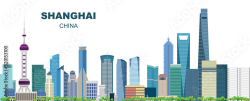 Layered editable vector illustration skyline of Shanghai,China, each building is on a separate layer