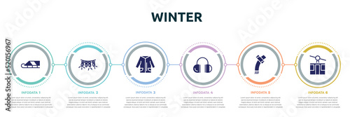 winter concept infographic design template. included sledge, lights, winter clothes, earmuffs, winter scarf, ski lift icons and 6 option or steps.