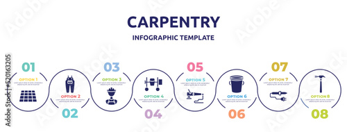 carpentry concept infographic design template. included tiles, jumpsuit, construction worker, cement mixer, polisher, water bucket, soldering iron, hammering icons and 8 option or steps.