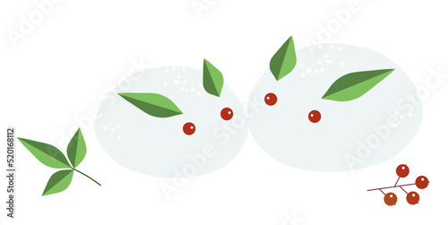 雪とナンテンの実と葉で作った2羽の雪ウサギ