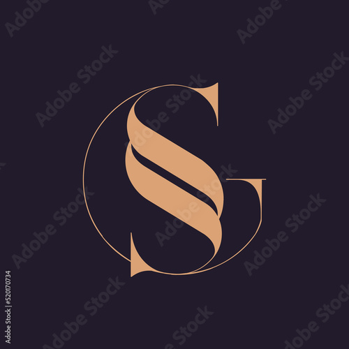 SG, SS monogram logo. Letter g, letter s icon. Alphabet initials isolated on dark fund. Uppercase lettering sign. Decorative design, calligraphic style characters. Elegant serif typography. 