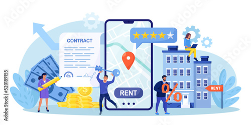 Mobile phone with real estate agency application. People rent or sell apartments with smartphone app. Rent property, buying house. Mortgage loan, investment. Selling, tenancy, purchase dealing home