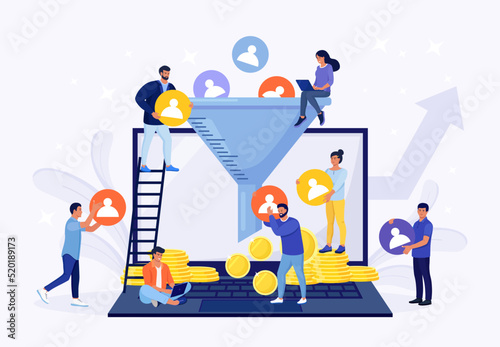 Process of communication, attracting customers, followers, making profit. Sales funnel of leads, prospects on laptop. Business strategy. Monetization tips. Increasing conversion rates SMM strategies