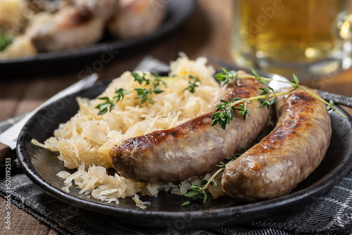 Grilled bratwurst and sauerkraut meal