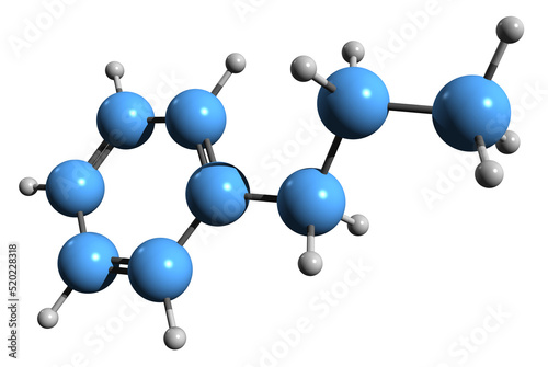 3D image of propylbenzene skeletal formula - molecular chemical structure of aromatic hydrocarbon C6H5CH2CH2CH3 isolated on white background 