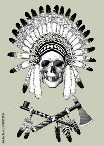 Vintage engraving stylized drawing of human skull in the indian traditional headdress and crossed tomahawk and smoking pipe