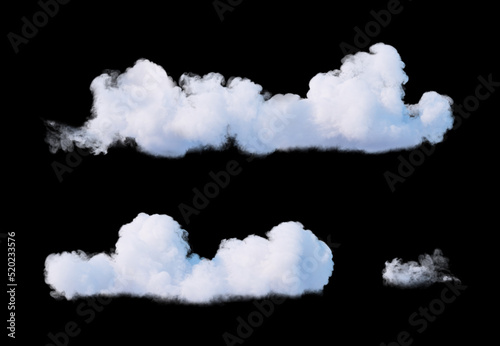 3d render, realistic white clouds over the black background, isolated clip art