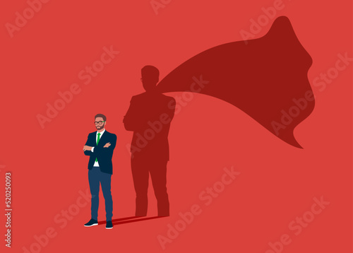 Businessman dreams of becoming a superhero. Confident handsome young man standing superhero shadow concept illustration.